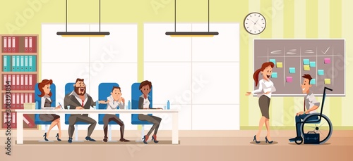 Disabled Person Job Interview Trendy Flat Vector Concept with Female Secretary Welcoming Man in Wheelchair, Inviting on Conversation with HR Managers Team or Company CEOs in Meeting Room Illustration