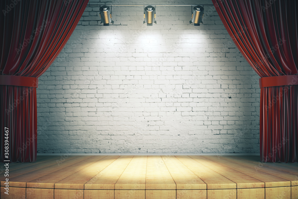 Wooden stage with red curtains - obrazy, fototapety, plakaty 