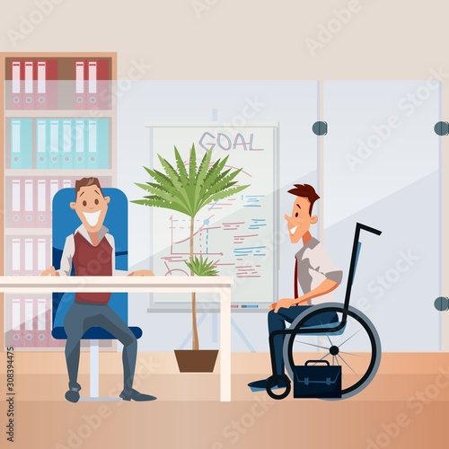 Disabled Person Employment Trendy Flat Vector Concept. Company Human Resources Manager, Boss Talking with Vacancy Candidate in Wheelchair, Having Job Interview with Applicant in Office Illustration
