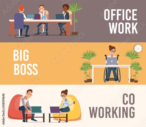 Office Work, Company Big Boss, Coworking Space Trendy Flat Vector Banners, Posters Set. Company Employees Team Working in Office, Disabled Woman in Wheelchair, Coworkers Using Laptop Illustration