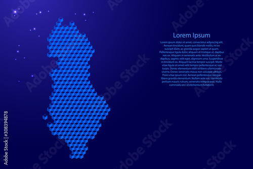 Fototapeta Naklejka Na Ścianę i Meble -  Albania map from 3D blue cubes isometric abstract concept, square pattern, angular geometric shape, glowing stars. Vector illustration.
