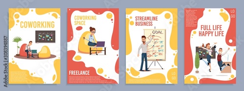 Coworking Space, Business Strategic Planning, Disable People Full Happy Life Trendy Flat Vector Vertical Banners, Posters Templates Set. Employees Working in Office, Happy with Success Illustration