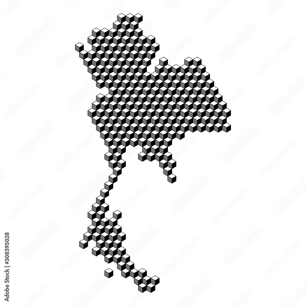 Thailand map from 3D black cubes isometric abstract concept, square pattern, angular geometric shape. Vector illustration.