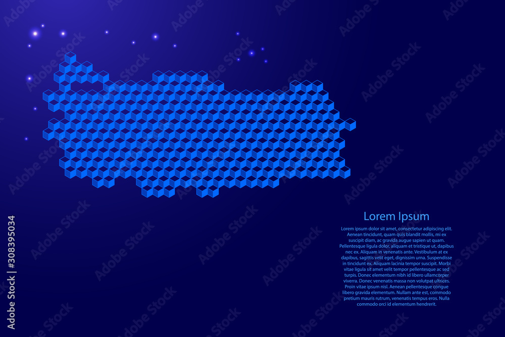 Turkey map from 3D blue cubes isometric abstract concept, square pattern, angular geometric shape, glowing stars. Vector illustration.