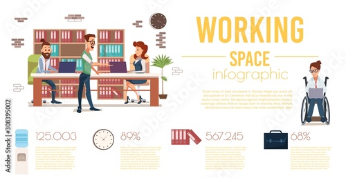 Comfortable, Disabled-Accessible Coworking Space Trendy Flat Vector Infographics Banner or Poster Template. Businesspeople Team Working in Office, Woman in Wheelchair Using Laptop Illustration