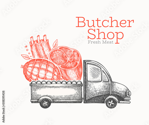 Butcher shop delivery logo template. Hand drawn vector truck with meat illustration. Engraved style retro food design.