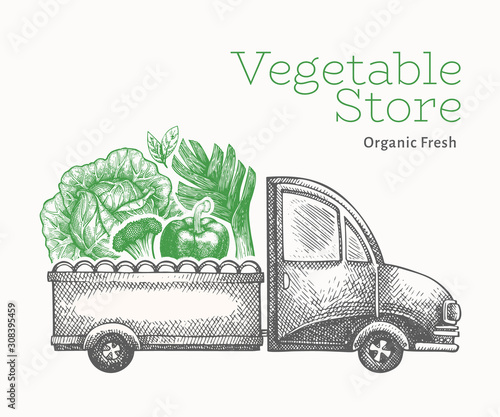 Green vegetables shop delivery logo template. Hand drawn vector truck with vegetables illustration. Engraved style retro food design.