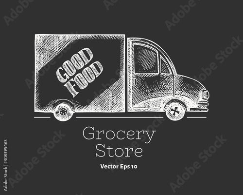 Grocery store delivery logo template. Hand drawn vector truck with food illustration on chalk board. Engraved style retro design.