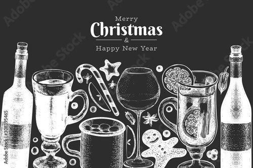 Winter drinks vector banner template. Hand drawn engraved style mulled wine, hot chocolate, spices illustrations on chalk board. Vintage christmas background.
