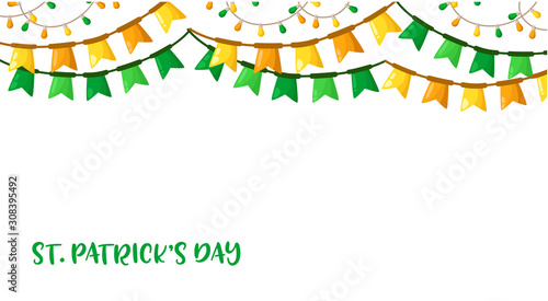 Saint Patricks Day seamless border frame - cartoon ccccolorful flags, lights garland, party deccor, border pattern on white background with text place, traditional holiday festive decorations, vector photo