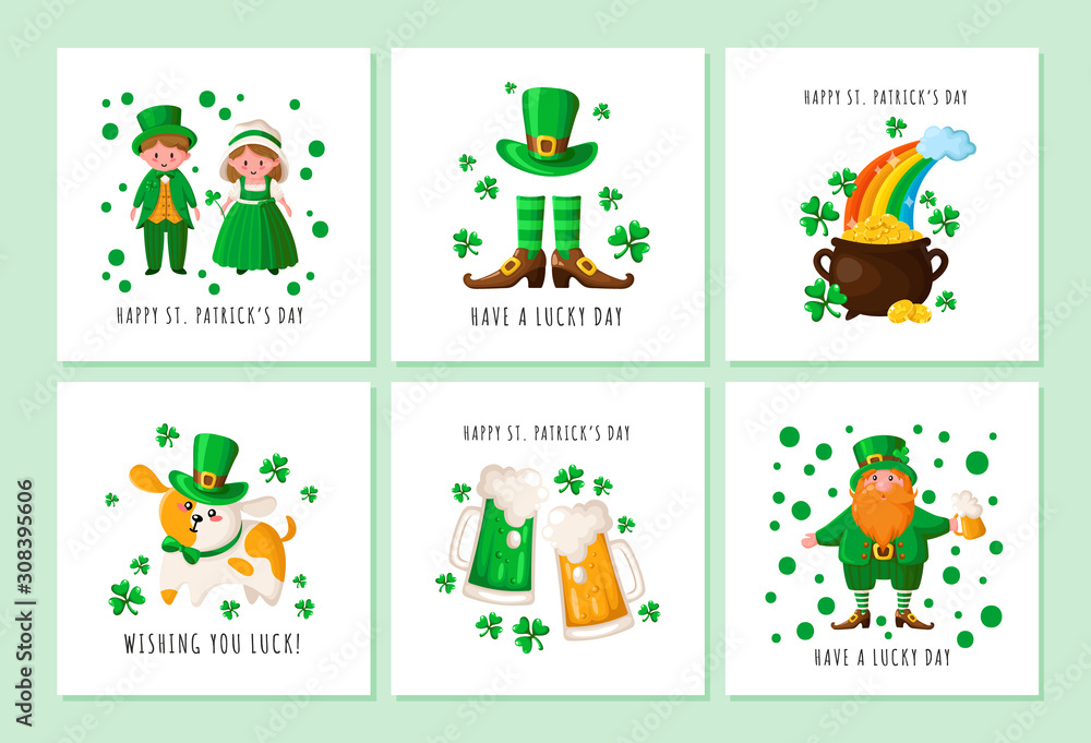 Saint Patrick day - Leprechaun, girl and boy in Irish retro costumes, cauldron with gold coins, boots and stocckings, bowler hat, cute puppy in festive suit - greeting cards templates, vector set