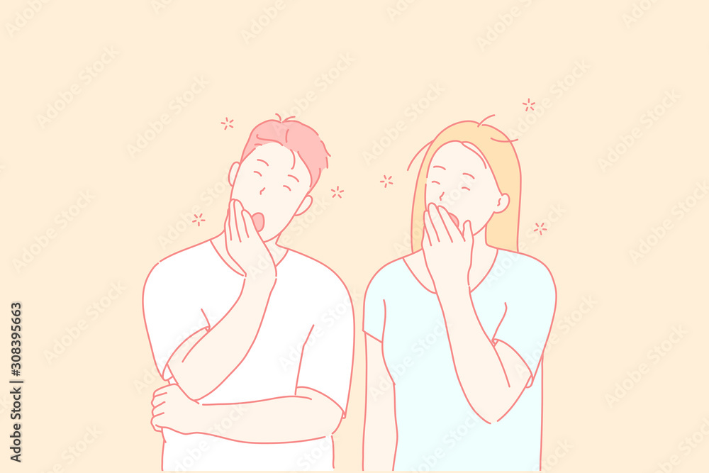 Sleepy people, tired friends, yawning couple concept Sleepy people, tired friends, yawning couple concept