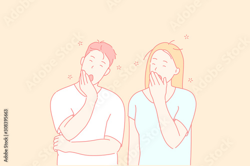Sleepy people, tired friends, yawning couple concept
