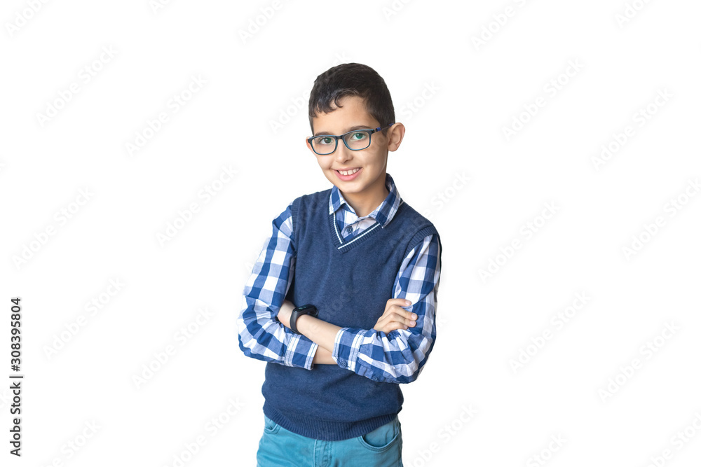 Happy boy in spectacles, vest and shirt. Isolated over white background. Schoolboy. Teenager. Happy boy in spectacles, vest and shirt. Isolated over white background. Schoolboy. Teenager.