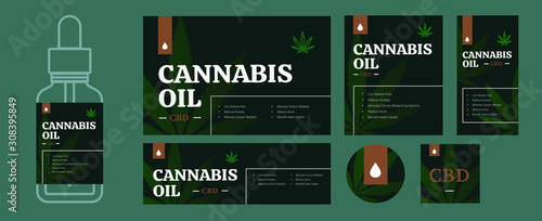 CBD oil packaging design template bundle. Legal cannabis labels in different size. Hemp leave and herb drop for presentation or print. Medical matijuana isolated vector illustration. 