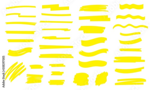 Abstract hand drawn highlight marker lines. Yellow brush stroke underline