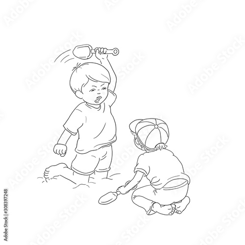 Du spinnst wohl? schwarzweiß, Jungen sitzen barfuß im Sandkasten spielen mit Schaufel im Sand, Streit, einer holt aus zum Schlag, Prügelei, Denkblase, Rauferei, Kindergarten