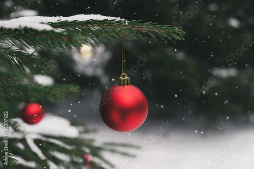 Red christmas ball on christmas tree and snow. Winter season, christmas and New Year holidays background. Close up, copy space