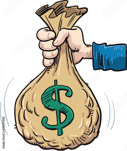 Hand and money bag. Money making. Bank deposit. Financials.
