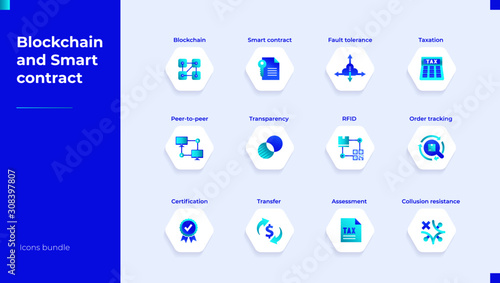Icon set of Blockchain Smart contract Taxation Peer to peer Transparency RFID Order tracking Transaction Certification Fintech Bitcoin Data Fault tolerance. Isolated vector illustration
