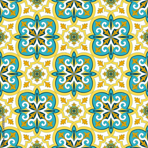 Spanish tile pattern vector seamless with flowers ornaments. Portuguese azulejos, mexican talavera, italian sicily majolica design. Ceramic texture for kitchen wallpaper or bathroom flooring.