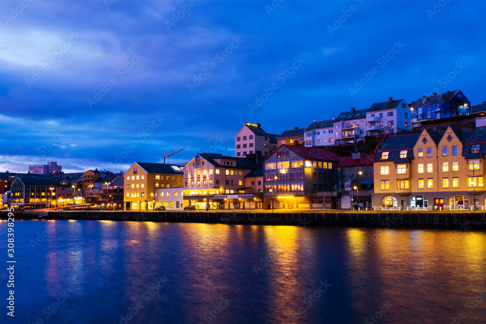 View of city center of Kristiansund, Norway during the cloudy night