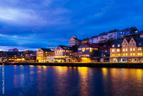 View of city center of Kristiansund, Norway during the cloudy night