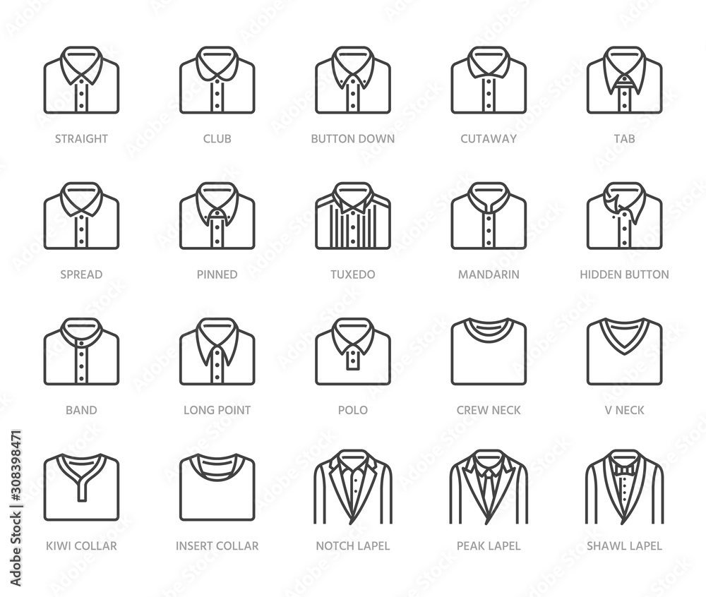 Shirt collars, jacket types flat line icons set. Formal clothing vector ...