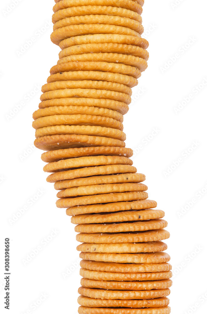 A stack of round crackers isolated on white background. A stack of round crackers isolated on white background.