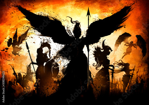 Tablou pe pânză An army of great knights, with different weapons, from different eras and cultures led by an angel, with a shield and a spear, against a bright orange sunset