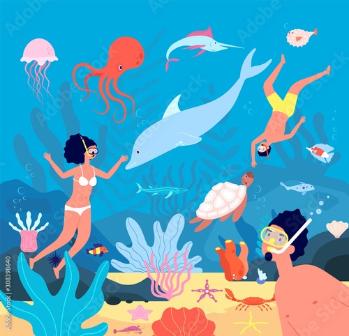 Divers. Underwater swimmers, scuba leisure snorkel. Diving in blue sea with fishes, corals. Man woman swimming with mask vector characters. Illustration underwater leisure, swimmer activity
