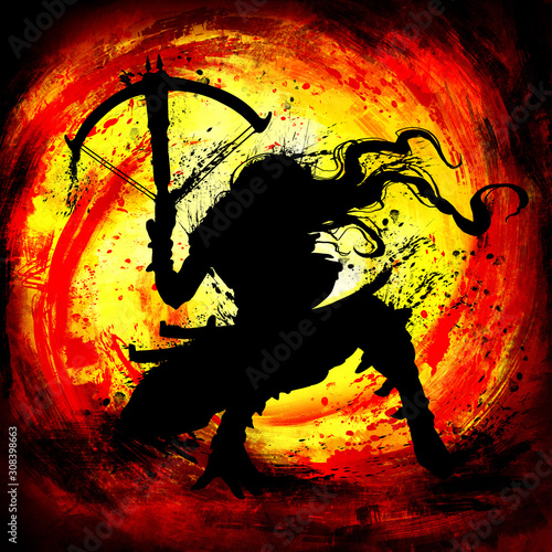 Foto A silhouette, a bounty hunter in a dynamic pose, with long hair and a crossbow in his hand, loaded with two arrows, on a bloody yellow background