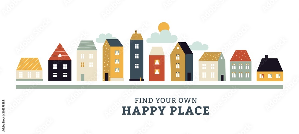Town panorama. Urban landscape with vintage city buildings. Spring, summer cityscape with cute simple houses on street vector concept. Street townhouse front, vintage architecture illustration