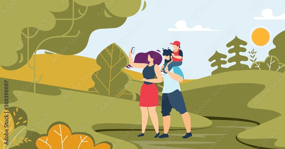 Father, Mother with Child Photographing in Forest Father, Mother with Child Photographing in Forest