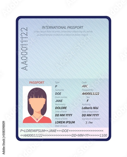Passport. Sample data personal page, female international passport with photo. Identity biometric control document, vector template. Illustration document legal id, female international page