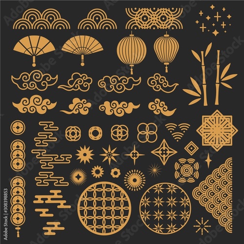Chinese new year elements. Golden asian traditional pattern, cloud and decorative flower. Oriental lantern, bamboo stem and fan vector set. Traditional decoration oriental, golden pattern illustration