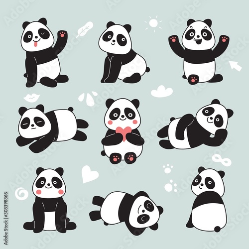 Fototapeta Naklejka Na Ścianę i Meble -  Cartoon panda. Cute panda bear, happy baby animals, lazy funny chinese bears posing. Friendly mascot, vector characters set. Illustration panda bear, baby animal cartoon
