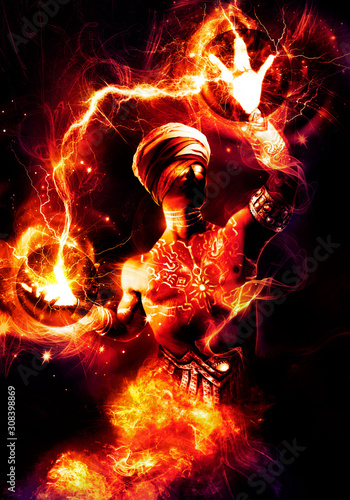 Dekoracja na wymiar  a-mighty-fire-genie-in-a-turban-with-burning-eyes-and-a-fiery-tail-casts-fire-magic-in-his-hands-on-his-body-glowing-mystical-tattoos-and-jewelry-2d-illustration