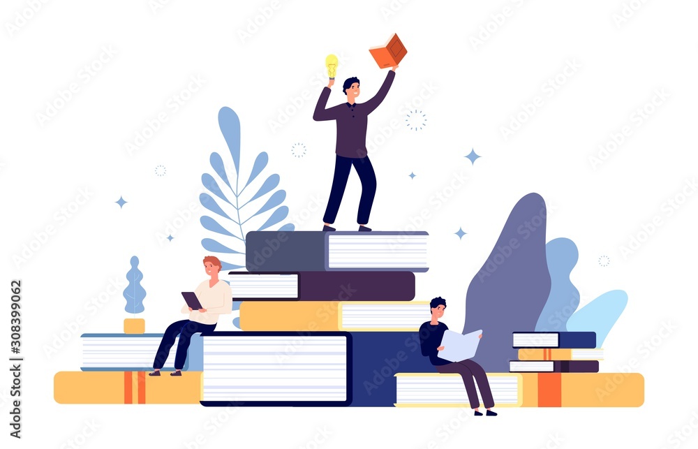 Reading concept. People read books, creative student have new idea from book. Interested man in learning literature, guys with textbooks vector illustration. People read book, students studying Reading concept. People read books, creative student have new idea from book. Interested man in learning literature, guys with textbooks vector illustration. People read book, students studying