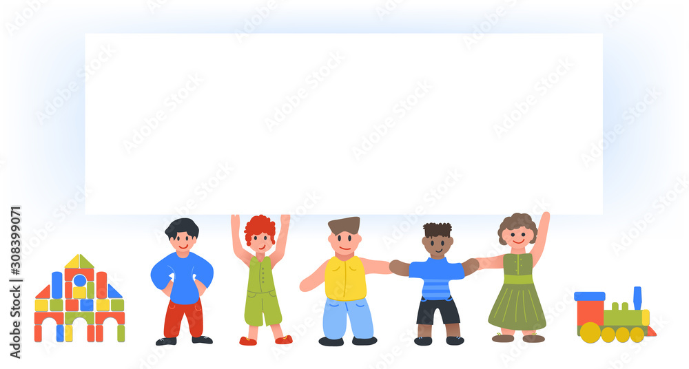 Children in cartoon style. Set of children in flat style. Vector stock illustration. Cartoon Kindergarten. Children and toys. Cubes and steam locomotive. Dark-skinned boy. Copy space . Banner. Children in cartoon style. Set of children in flat style. Vector stock illustration. Cartoon Kindergarten. Children and toys. Cubes and steam locomotive. Dark-skinned boy. Copy space . Banner.