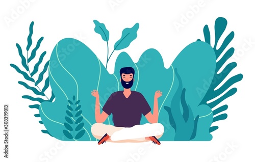 Meditation concept. Man healed, energy balance and find harmony life. Male zen, health and wellbeing. Focus on business idea vector illustration. Balance and harmony pose, health relax yoga