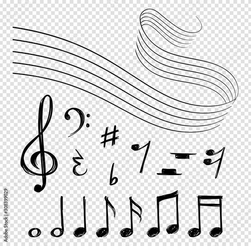 Musical notes. Black music lines, melody elements and staves. Shape artistic clef and abstract sound vector symbols isolated on transparent background. Musical note, key half monochrome illustration