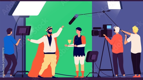 Shooting movie. Filmmaking production, cinema director and operator. TV show making, casting actors vector illustration. Film industry cinema production