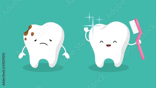 Teeth. Plaque terth, shiny white tooth. Mouth hygiene and toothache. Dental happy and sad vector characters. Illustration dental hygiene tooth