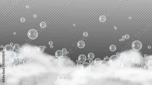 Soap foam. White suds, shiny water bubbles. Shampoo or shower gel lather isolated on transparent background. Realistic foam vector background. Illustration shampoo foam, soap white photo