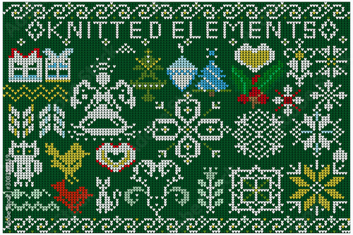 Vector set of knitted Christmas elements and decorations. Knitted snowflakes, ornaments, birds, Christmas trees and gifts on a green background.