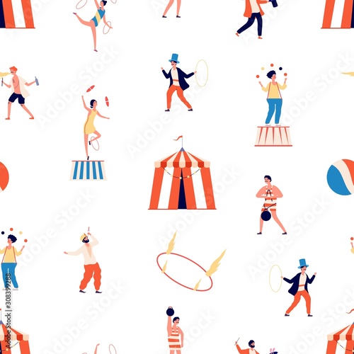 Circus seamless pattern. Freak show vector background. Clown and magician, juggler and balancer and gymnast characters. Circus carnival, clown performance, entertainment performer illustration