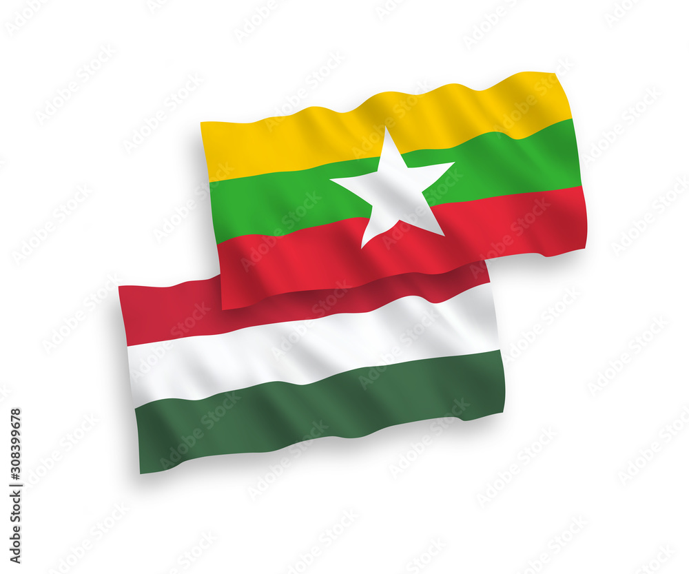 Fototapeta premium National vector fabric wave flags of Myanmar and Hungary isolated on white background. 1 to 2 proportion.