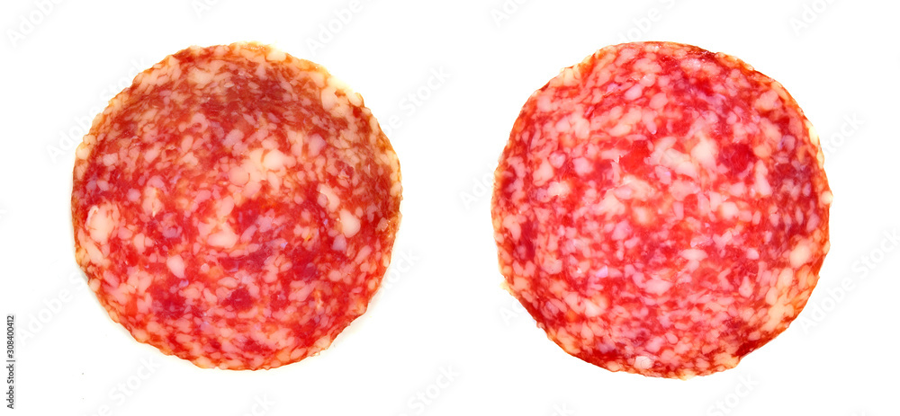 Salami sausage slices isolated on white background Salami sausage slices isolated on white background