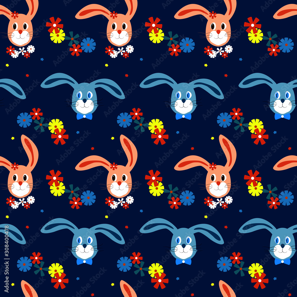 Seamless childish pattern with cute bunnies. Cartoon character of a rabbit boy and girl. Easter texture with bunnies and flowers on a dark blue background. Vector illustration for kids fashion design